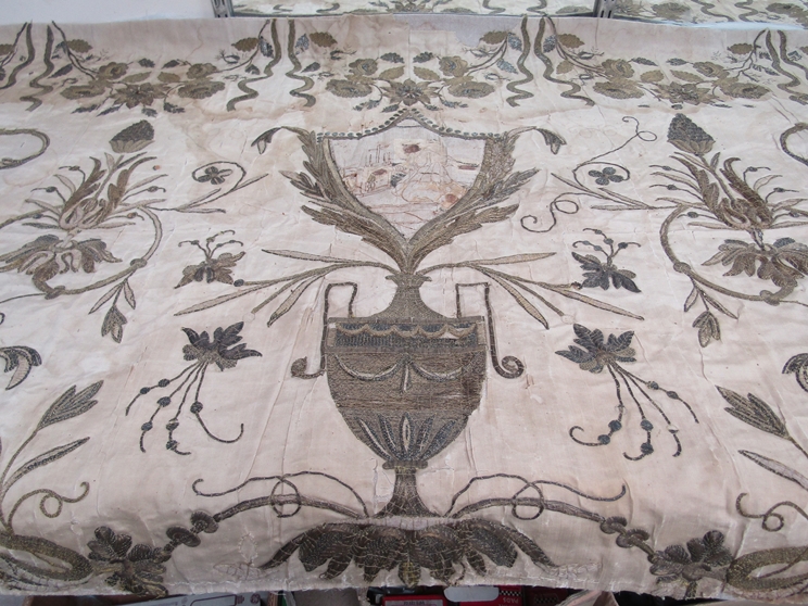 18th Century French gold thread embroidery on silk, possibly altar piece, delicate condition.