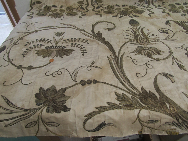 18th Century French gold thread embroidery on silk, possibly altar piece, delicate condition. - Image 2 of 9