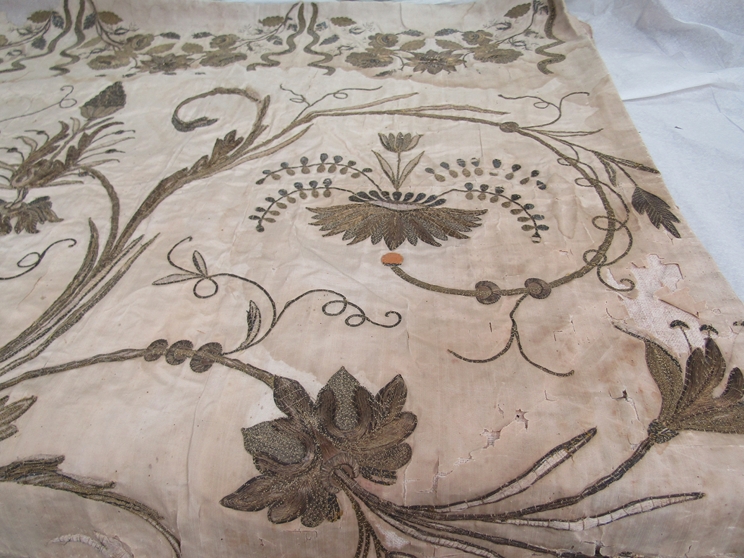 18th Century French gold thread embroidery on silk, possibly altar piece, delicate condition. - Image 3 of 9