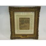 A. MANES: A gilt framed monotone sketch of mountain goats, 9cm x 7.