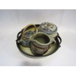 A large studio pottery bowl together with a jug,