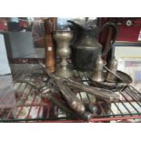 A selection of metal wares including a copper brush pot with brush, cutlery, plated jug,