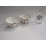 Two boxed sets of Royal Worcester cups and saucers and a Waterford crystal timepiece