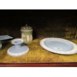 A collection of Wedgwood Jasper ware and embossed items including lilac lidded pot, yellow pot,