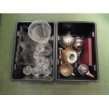 Two boxes of glass and metalwares including hot water jug