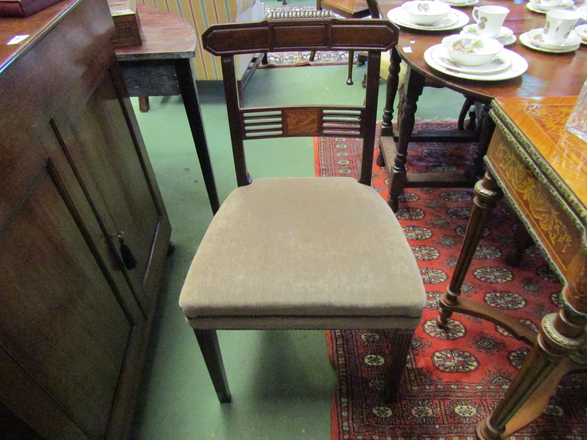 A pair of George III carved mahogany chairs with inlaid panelled pierced back rests on square - Image 2 of 2