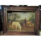 Two oak framed oils on canvas depicting gentleman with horses and gent with horses and cart,