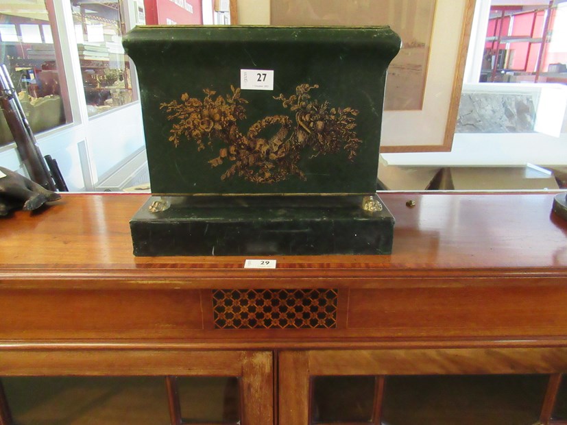 A Monmouthshire Toleware jardiniere of rectangular form with gilt lion mask handles and floral