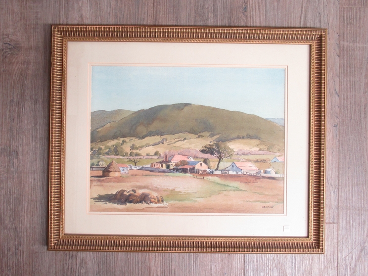 HARRY BUCKIE (Australian 1897-1982): A framed and glazed watercolour, Australian valley farm scene. - Image 2 of 4