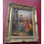 An oil on canvas of couple harvesting, circa mid 19th Century, gilded frame,