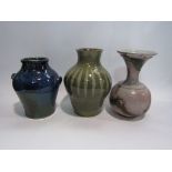Three studio pottery vases including blue glazed example,