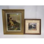 A Victorian crystoleum and three framed prints including cats and garden (4)