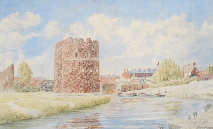WILLIAM FREDERICK AUSTIN (1833-1899): A framed and glazed watercolour of Cow Tower, Norwich, 1870's.