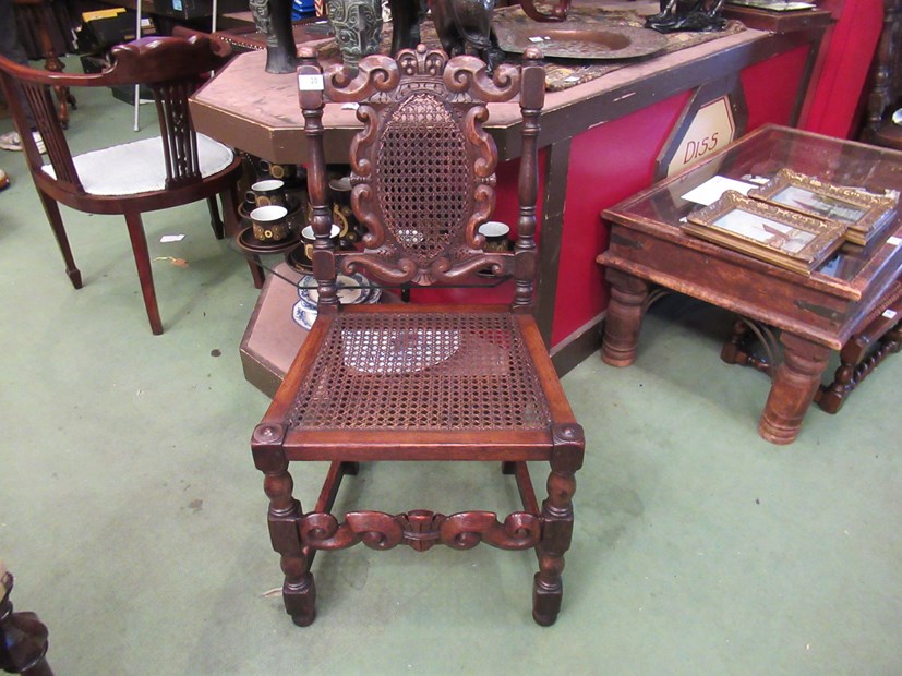 A pair of Charles II revival oak bergère chairs with carved coronet and turned decoration - Image 2 of 2