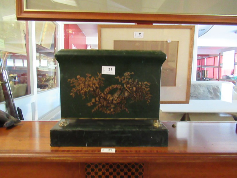 A Monmouthshire Toleware jardiniere of rectangular form with gilt lion mask handles and floral - Image 2 of 2