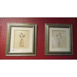 A pair of silver coloured framed still life images of flowers in jugs,