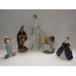 Five Royal Doulton figures including "Pied Piper" and "Boudoir"