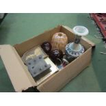A box containing assorted including Wedgwood glass elephant, mottled ceiling light,