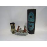 Three pieces of studio pottery including tall slab built vase with blue glazed design,