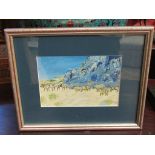 An oil on board depicting a Mediterranean scene with sheep & mountains, framed and glazed,