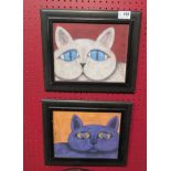 Two oils on board depicting busts of white and purple cats, signed,