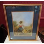 After Delacroix, a lithograph in colours, a lady resting by a cornfield,