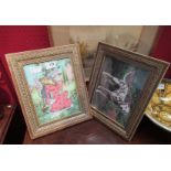 An Iranian hand painted wall hanging of lady with inlaid bone frame and a further frame (2)