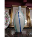 A white glass with blue stripe art glass vase,