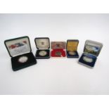 Five silver proof coins including Liberation 14th June 1982 & Cool Islands Centenary 25 dollars