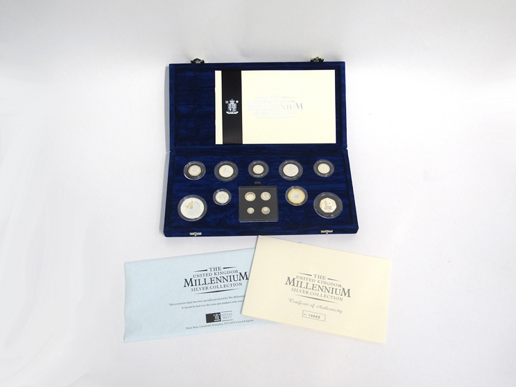 A Royal Mint UK Millennium silver collection with nine coins and Maundy set,