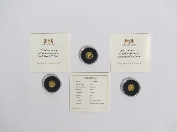 Three 2019 Harrington & Byrne Centenary of Remembrance gold proof £5 coins, limited edition of 4,