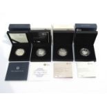 Four boxed Royal Mint silver proof coins including Sapphire Jubilee £5 Piedfort coin