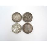 Four silver based coins to include Victoria 1898 crown, Hong Kong 1911 Dollar,