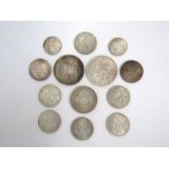 A collection of 13 pre-decimal silver coinage - George V halfcrowns,