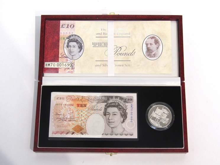 A Royal Mint and Bank of England £10 note and silver proof crown set, limited edition,