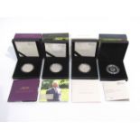 Four boxed Royal Mint silver proof coins including "Platinum Wedding Anniversary 2017 £5 coin