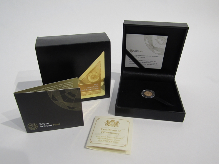 A 2017 50th Anniversary Krugerrand 1/20th oz gold proof coin, South African Mint, cased and boxed,