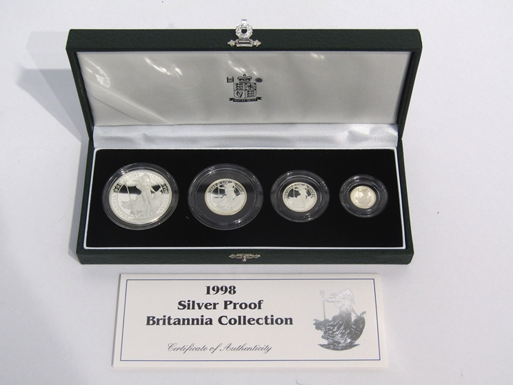 A UK 1998 silver proof Britannia collection of four coins