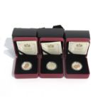 Three 2016 Queen Elizabeth Rose silver coins, Royal Canadian Mint, cased and boxed,