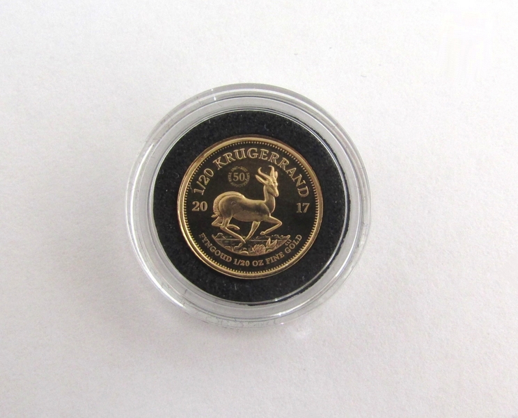 A 2017 50th Anniversary Krugerrand 1/20th oz gold proof coin, South African Mint, cased and boxed, - Image 2 of 3