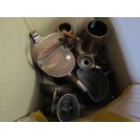 A box containing assorted metalwares including copper watering can, jugs and kettle etc.