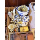 A box of miscellaneous ceramics including chamber pot and windmill ornaments