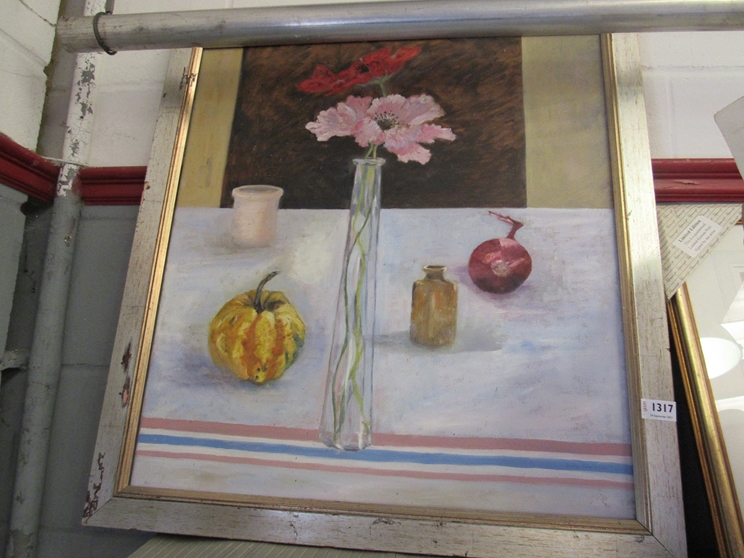 ANNIE RICE-JAMES: An oil on canvas entitled "Glass Vase" still-life of flowers and fruit on table,