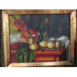 A modern still life on canvas violin with wine and fruit.