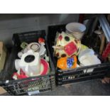 Two crates containing assorted china including jardinieres, wall pocket,