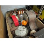 A box of vintage items including clock, alarm clocks,