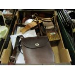 A box of vintage leather and wooden items including satchel and collar boxes