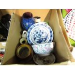 Mixed selection of decorative plates and ceramics including blue vase,
