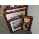 Four framed and glazed prints depicting floral arangements along with a print of a child posting a