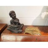 A brass classical foliate relief desk stationery stand together with a painted terracotta smoking